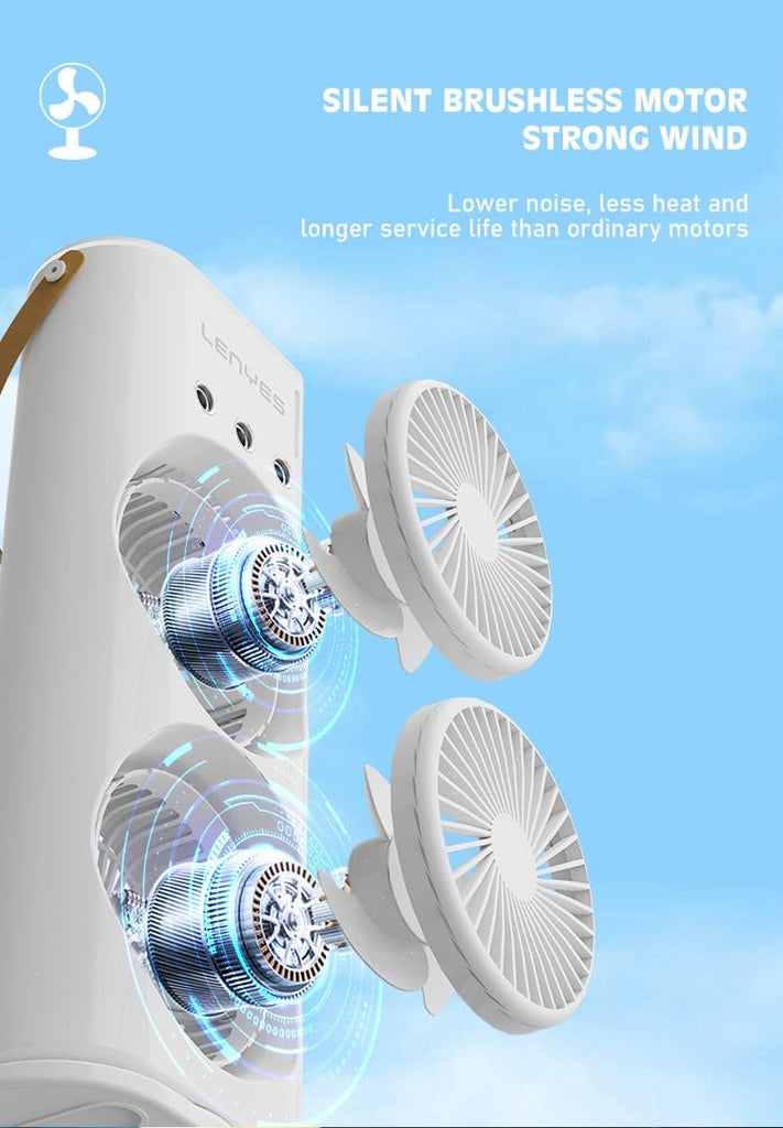 Lenyes LHF03 Tower Dual Fan 45mm | USB Charging Fan | LED Lighting | 3 Fan Speeds | 2 Mode Lighting | High Speed Oscillation Table Fan | White Protable Fan