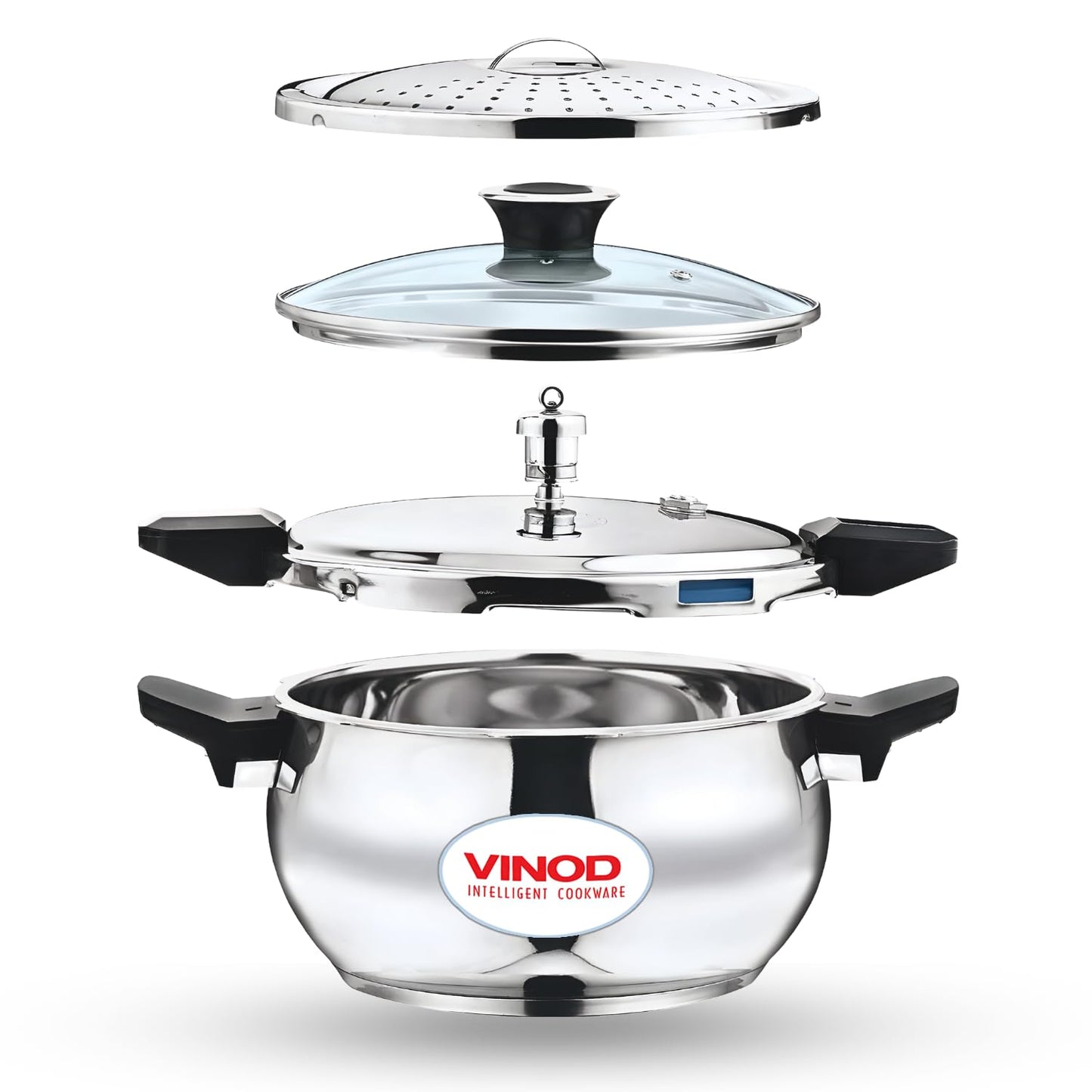 Vinod Magic Stainless Steel Smart 3 in 1 Pressure Cooker 3.5 Litre | 5mm Thick Base | All in One Cooker with Strainer & Glass Lid | Induction and Gas Base | ISI certified | 2 Years Warranty