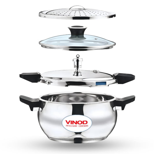 Vinod Magic Stainless Steel 3-in-1 Pressure Cooker, 5.5 L | 5 mm Thick Base with Strainer & Glass Lid | Multi-Purpose Cooker for Rice & Curries | ISI Certified | Induction & Gas Base | 2 Yr Warranty