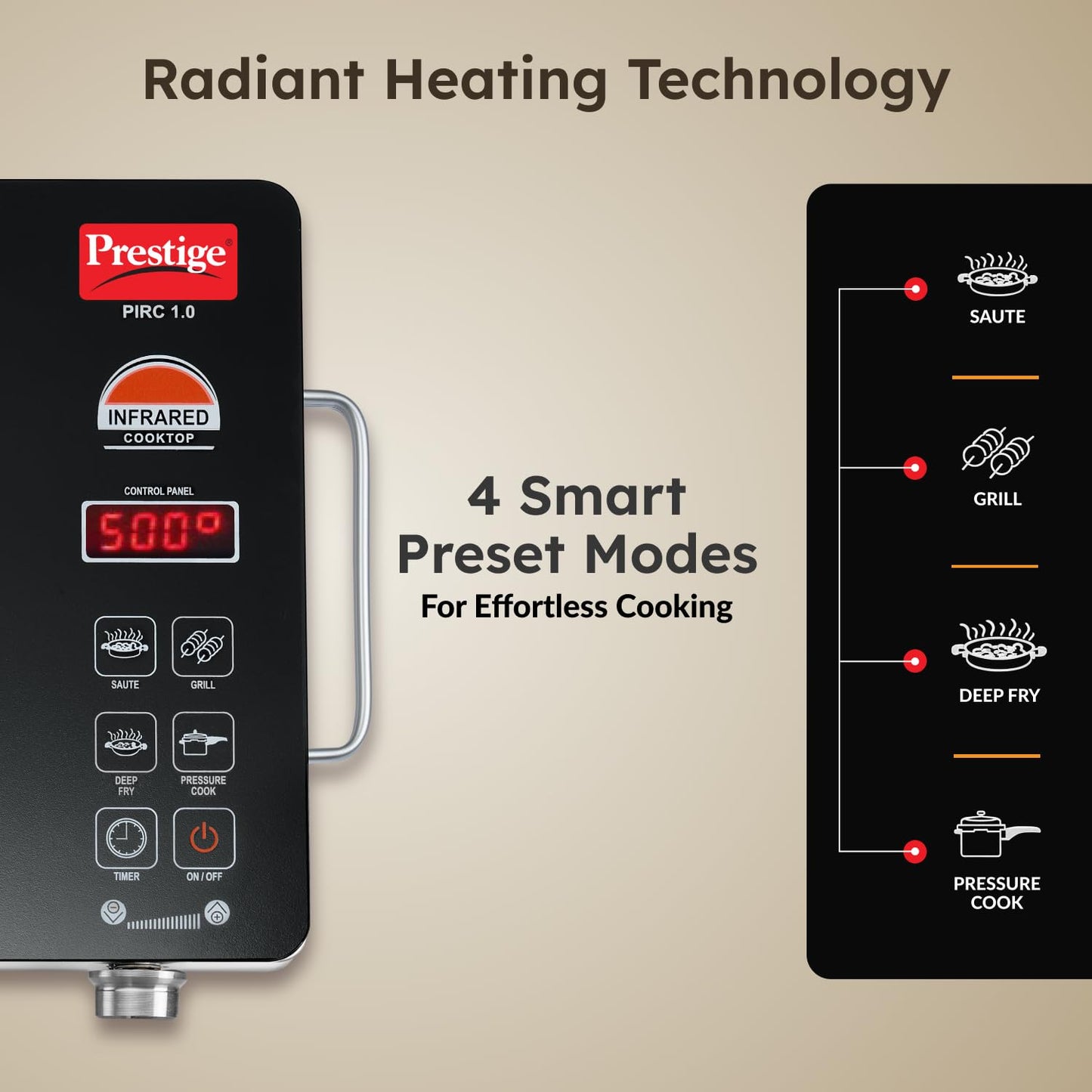 Prestige PIRC 1.0 2200 Watts Infrared Cooktop | Preset Indian Menu Options & Timer | Compatible With Any Metal Cookware With Flat Bottom | Easy to clean | Portable | Black | 1Y Warranty | BIS