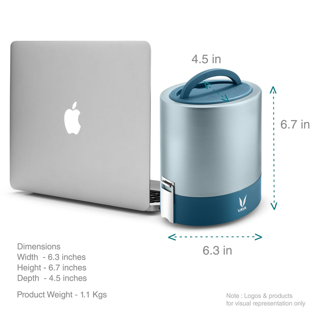 VAYA TYFFYN Lunch Box for Office for Men, with Polished Stainless Steel Containers,1000ml Vacuum Insulated Hot Lunch Box Without BagMat, Leakproof Hot Tiffin Box with 3 Compartments, Blue