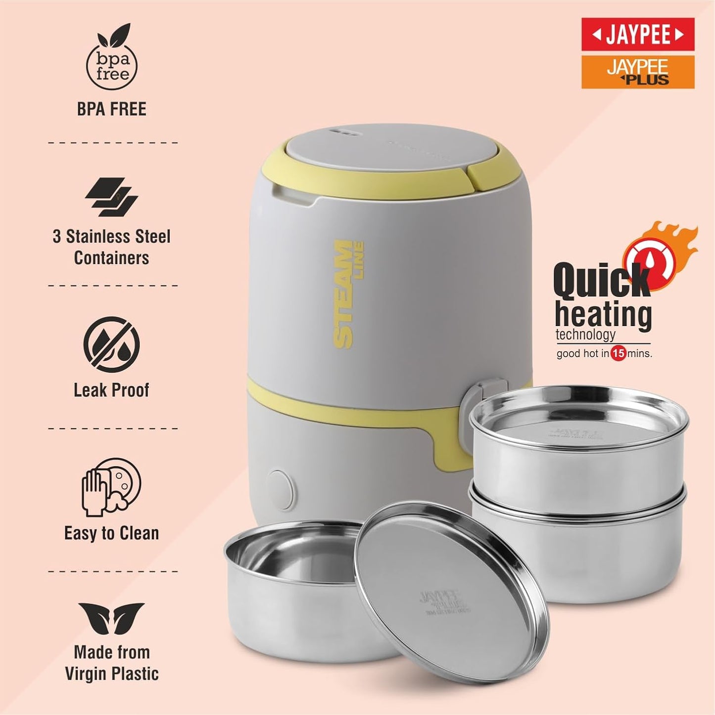 Jaypee Plus Steamline Electric Lunch Box Stainless Steel containers 300X3 ml with Bag, Power Cord & Measuring Cup Lunch Box for Offfice Reheat Food in 15 Minute Auto Cut steam Technology,Grey Yellow