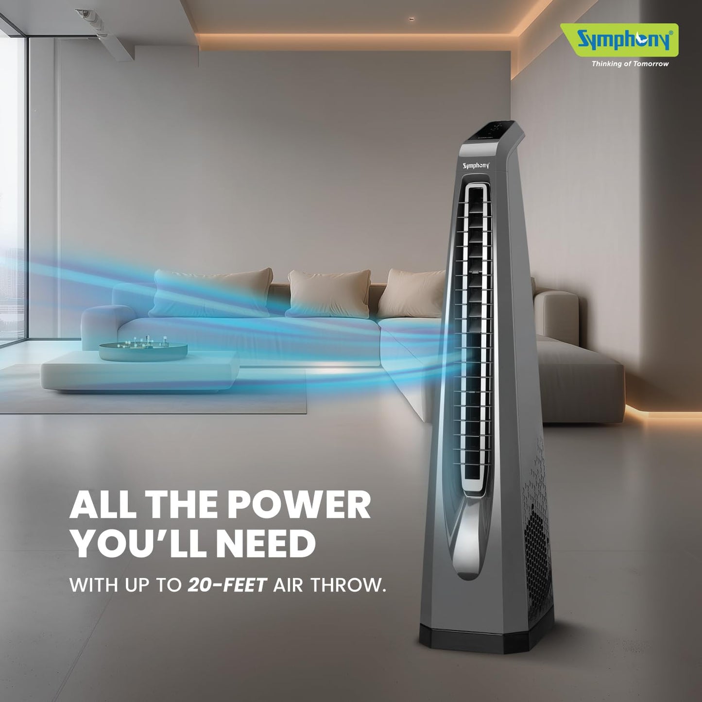 Symphony Surround-i Bladeless Tower Fan for Room | High-Speed with Swivel Action, Touchscreen Control Panel & Remote | 1 Year Warranty | Grey