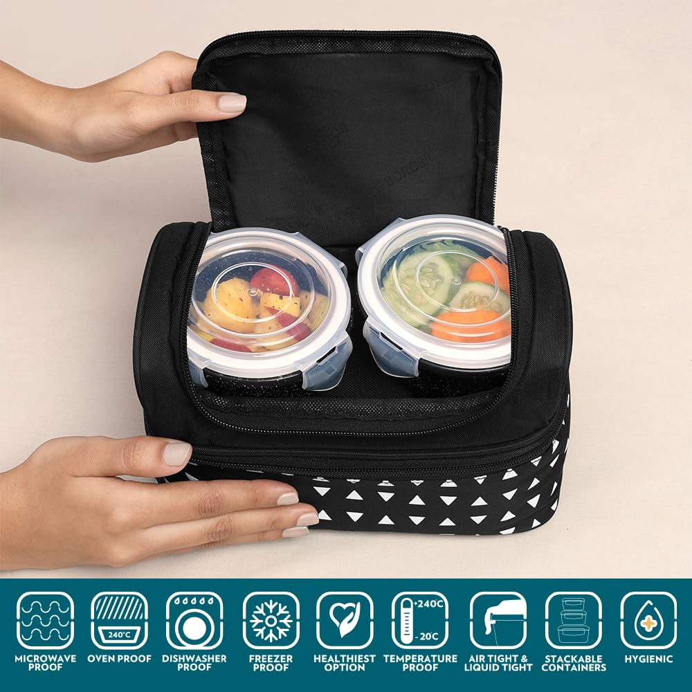 Borosil Kube Black Borosilicate Glass Lunchbox with Bag | 4 pc Container Set (320ml Square x 2 + 240ml Round x 2) | Microwave & Dishwasher Safe, Leakproof | Tiffin for Office, School, College