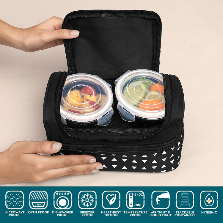 Borosil Kube Black Borosilicate Glass Lunchbox with Bag | 4 pc Container Set (320ml Square x 2 + 240ml Round x 2) | Microwave & Dishwasher Safe, Leakproof | Tiffin for Office, School, College