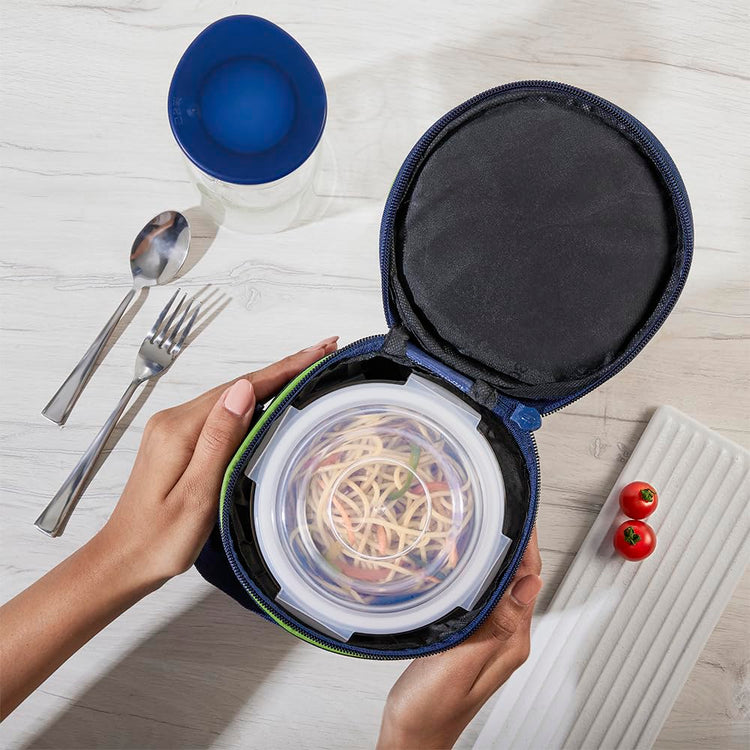 Borosil Klip n Store Lunchbox with Bag | 3pc Round Container Set (400 ml Each) | Made in India Borosilicate Glass | Microwave & Dishwasher Safe | Tiffin for Office, School, College | Vertical