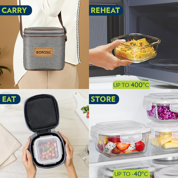 Borosil Pro Borosilicate Glass Lunchbox with Bag | 2 pc Square Container Set (320 ml Each) | Microwave & Dishwasher Safe, Leakproof | Tiffin for Office, School, College | Transparent, Vertical