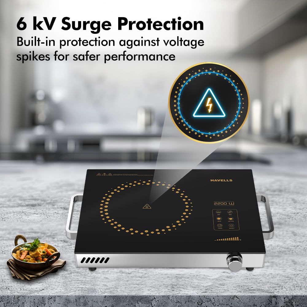 Havells 2200 Watt Infrared Induction Cooktop With Digital Display| Glo TV22-6KV Surge Protection| Sensor Touch| SS304 Food grade grill| 1 Year Door step Warranty By Havells