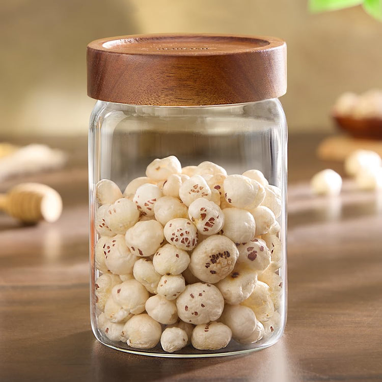 Borosil Glass Jar with Acacia Wood Lid | Borosilicate Glass Storage Jar for Dry Fruits, Spices & Snacks | Airtight Glass Container for Kitchen & Pantry (Tallwood, 900 ml)