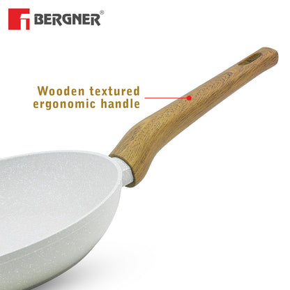 Bergner Naturally Forged Aluminum 28cm Frypan, Marble Non-Stick Coating, Less Oil Use, Scratch Resistant Frying Pan, Durable, Soft Touch Handle, Easy to Clean - Induction Bottom, Free Non-Woven Trivet