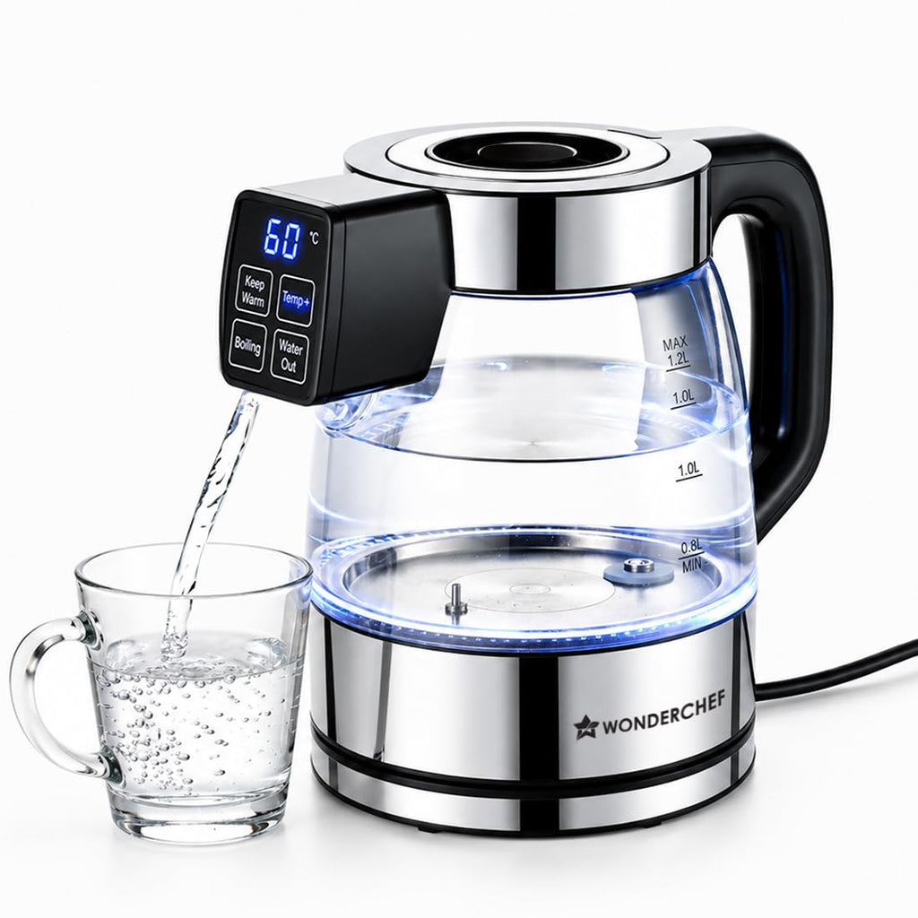 Wonderchef Crystal Tap & Flow Glass Kettle & Hot Water Dispenser, 1.7 L Borosilicate Glass Jar, Built-in Battery, Temperature Sensor & Control, Multi-purpose, Portable inside Homes, 1-Yr Warranty