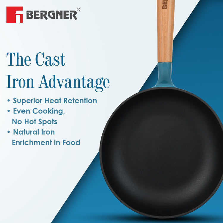 BERGNER Excalibur Lightweight Cast Iron Frypan 18cm, Sturdy Wooden Handle, Non-Stick Coating, PFAS Free, Perfect Heat Distribution, Elegant Design - Induction and Gas Stove Ready (Blue)