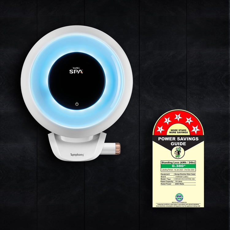 Symphony SPA Geyser 15 Litre 5 Star BEE Rating Water Heater | Hair Fall Control Smart Geyser | PUROPOD Filter | 2KW Heating | Glassline Tank | Free Installation