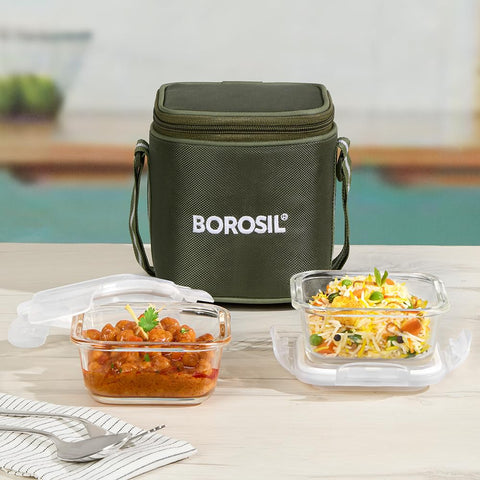 Borosil Eateasy Borosilicate Glass Lunchbox with Bag | 2 pc Square Container Set (320 ml Each) | Microwave & Dishwasher Safe, Leakproof | Tiffin for Office, School, College | Transparent, Vertical