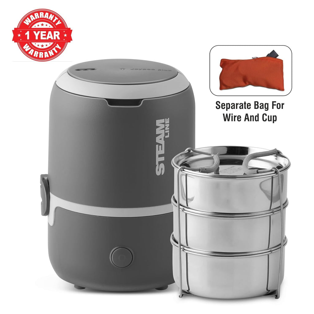 Jaypee Plus Steamline Electric Lunch Box Stainless Steel containers 300X3 ml with Bag, Power Cord & Measuring Cup Lunch Box for Offfice Reheat Food in 15 Minute Auto Cut steam Technology,Dark Grey