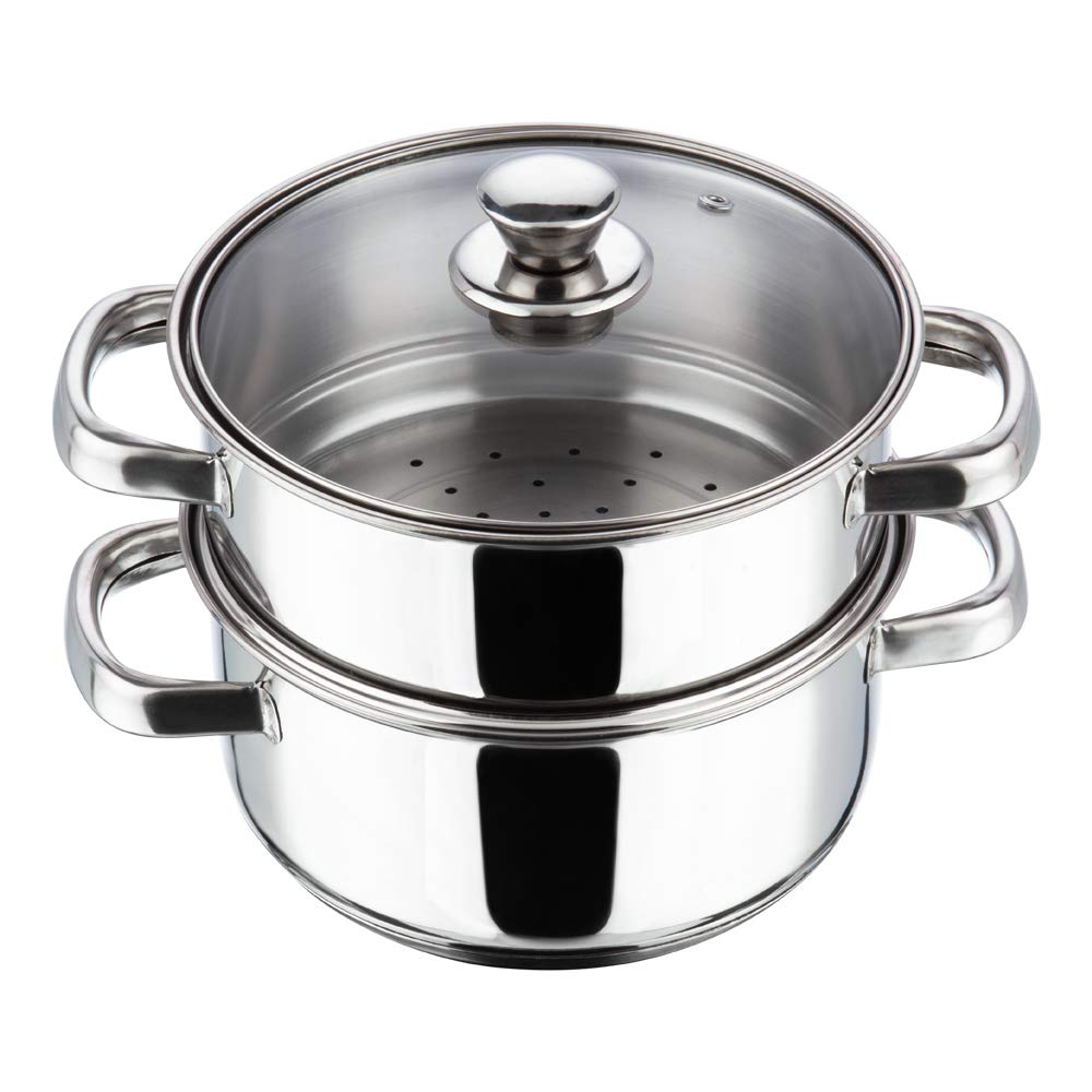 Vinod 2 Tier Stainless Steel Idli Steamer for Kitchen with Glass Lid - 18 cm | 2.5 mm Thick Base | Modak, Momo, Idiyappam, Vegetable, Puttu Maker and Steamer| Induction Base - 2 Year Warranty | Small