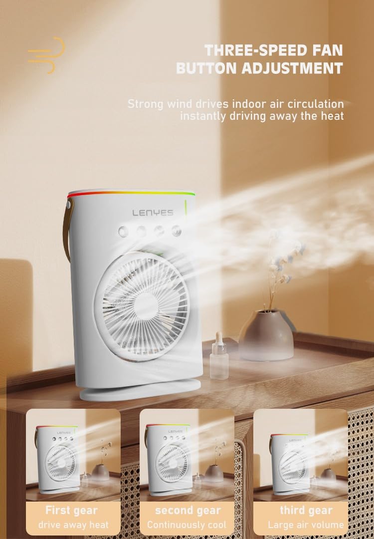 Lenyes LHF05 60 mm Mini Fan | LED Lighting | Rechargeable Fan | 3 Fan Speeds | 2 Light Mode Settings | High Speed Oscillation Table Fan | White Portable Fan