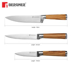 BERGNER Olive Garden Stainless Steel 3 Pcs Knife Set, Kitchen Knife Set of 20cm, 12.5cm and 8.75cm, Durable, Rust Resistant, Soft Touch Wooden Coated Handle, Ideal for Cutting, Dicing, Slicing etc