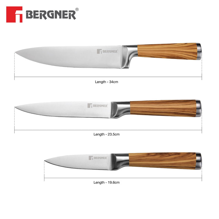 BERGNER Olive Garden Stainless Steel 3 Pcs Knife Set, Kitchen Knife Set of 20cm, 12.5cm and 8.75cm, Durable, Rust Resistant, Soft Touch Wooden Coated Handle, Ideal for Cutting, Dicing, Slicing etc