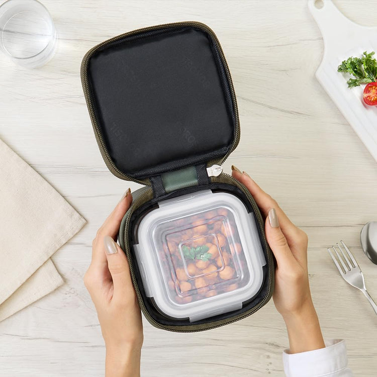Borosil Eateasy Borosilicate Glass Lunchbox with Bag | 2 pc Square Container Set (320 ml Each) | Microwave & Dishwasher Safe, Leakproof | Tiffin for Office, School, College | Transparent, Vertical