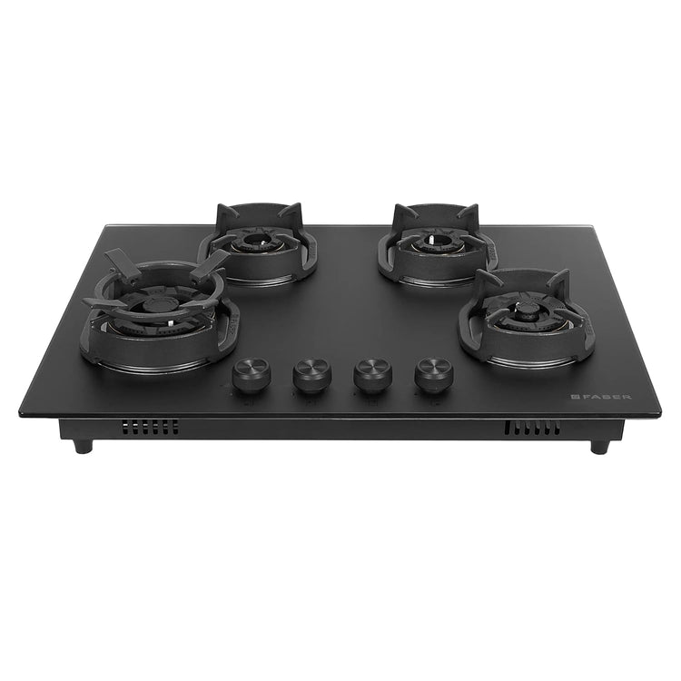 Faber Della 4 Burner 72cm Hob |Auto-Ignition|Brass Burner| Cast Iron Pan Support |Hob/Cooktop Hybrid| Matt Black Glass Finish |5 Yrs Warranty on Glass & Valve | 5 Yrs on Burner|Hob Della HD724 CI AI