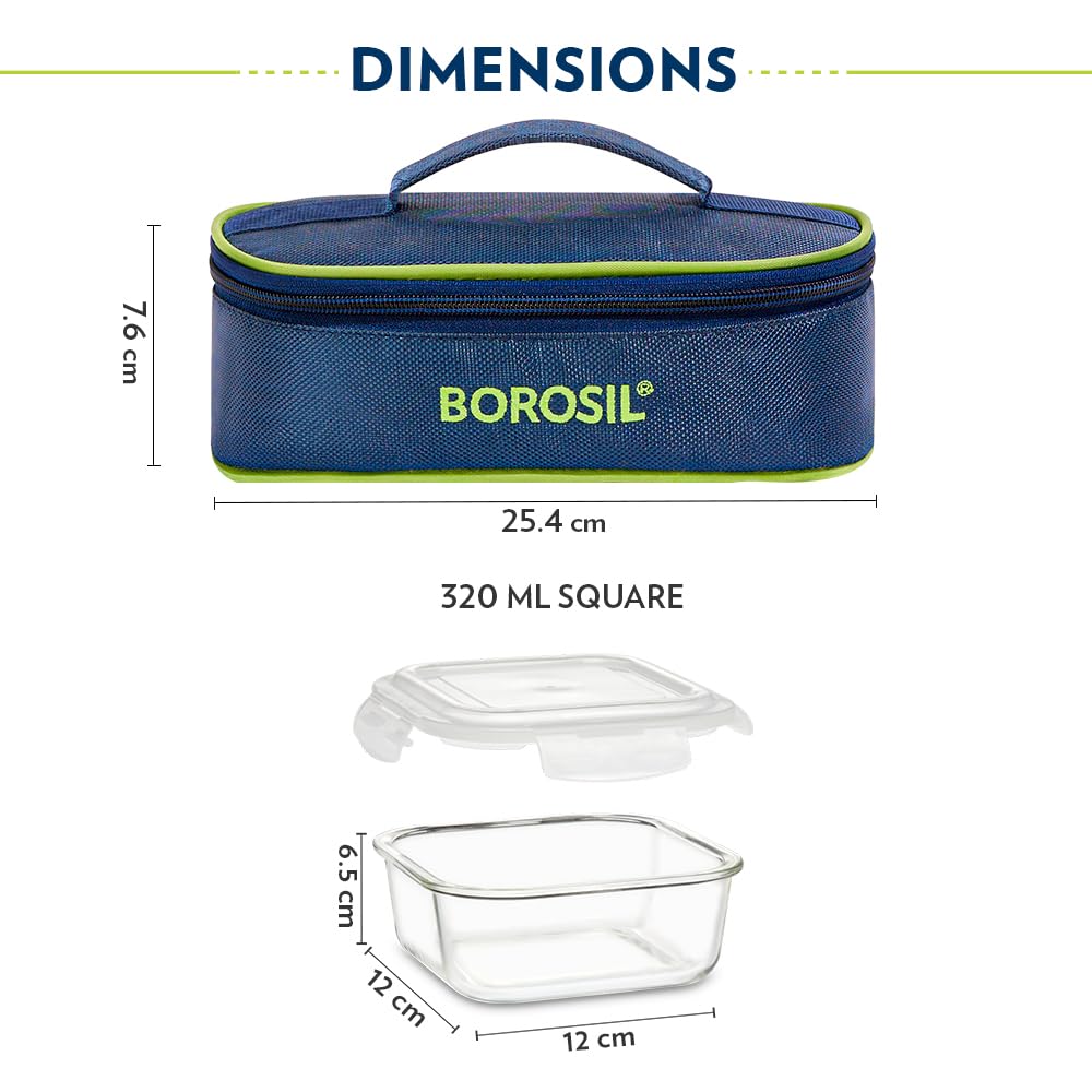 Borosil Klip n Store Lunchbox with Bag | Set of 2 Square Container (320ml Each) | Made in India Borosilicate Glass | Microwave & Dishwasher Safe | Tiffin for Office/School/College | Horizontal