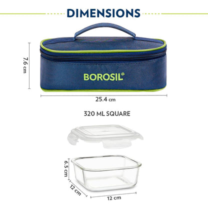 Borosil Klip n Store Lunchbox with Bag | Set of 2 Square Container (320ml Each) | Made in India Borosilicate Glass | Microwave & Dishwasher Safe | Tiffin for Office/School/College | Horizontal