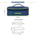Borosil Klip n Store Lunchbox with Bag | Set of 2 Square Container (320ml Each) | Made in India Borosilicate Glass | Microwave & Dishwasher Safe | Tiffin for Office/School/College | Horizontal