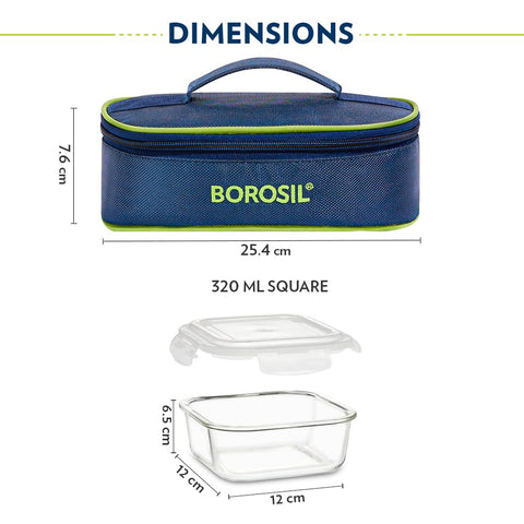Borosil Klip n Store Lunchbox with Bag | Set of 2 Square Container (320ml Each) | Made in India Borosilicate Glass | Microwave & Dishwasher Safe | Tiffin for Office/School/College | Horizontal
