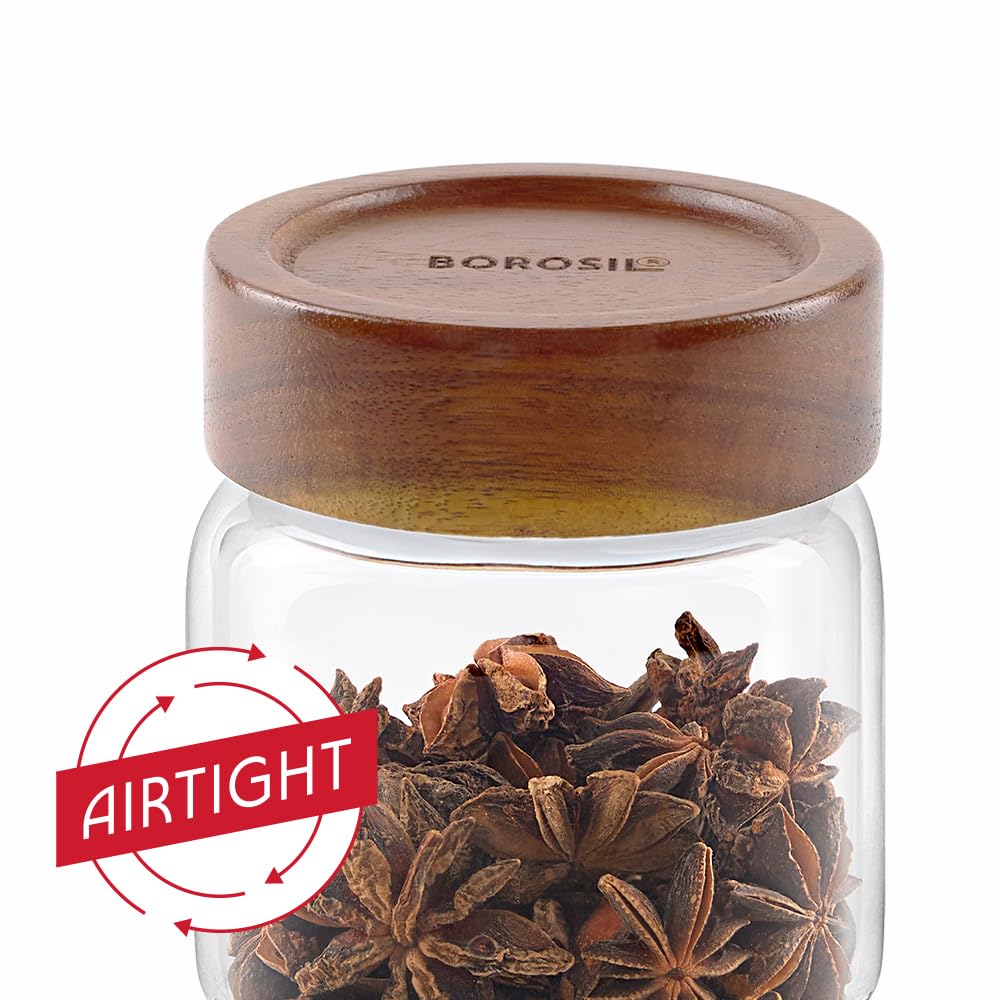 Borosil Glass Jar with Acacia Wood Lid | Borosilicate Glass Storage Jar for Dry Fruits, Spices & Snacks | Airtight Glass Container for Kitchen & Pantry (Tallwood, 600 ml)