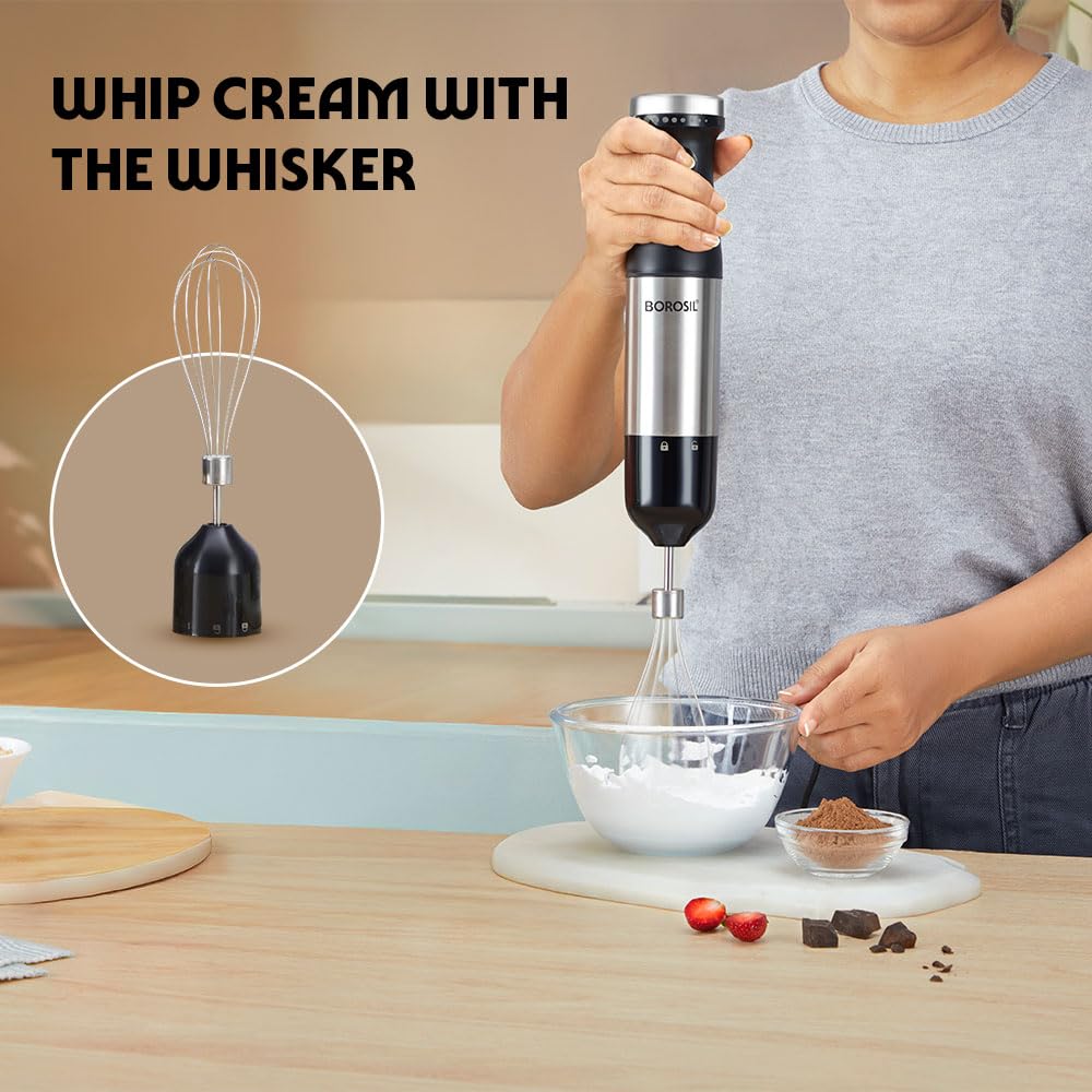 Borosil SmartBlend Hand Blender with Chopper & Whisker | 750ml Beaker & 500ml Chopper | BIS Approved Made in India | Variable Speed Control | SS 301 Blade & Detachable Blending Rod | 2 Years Warranty