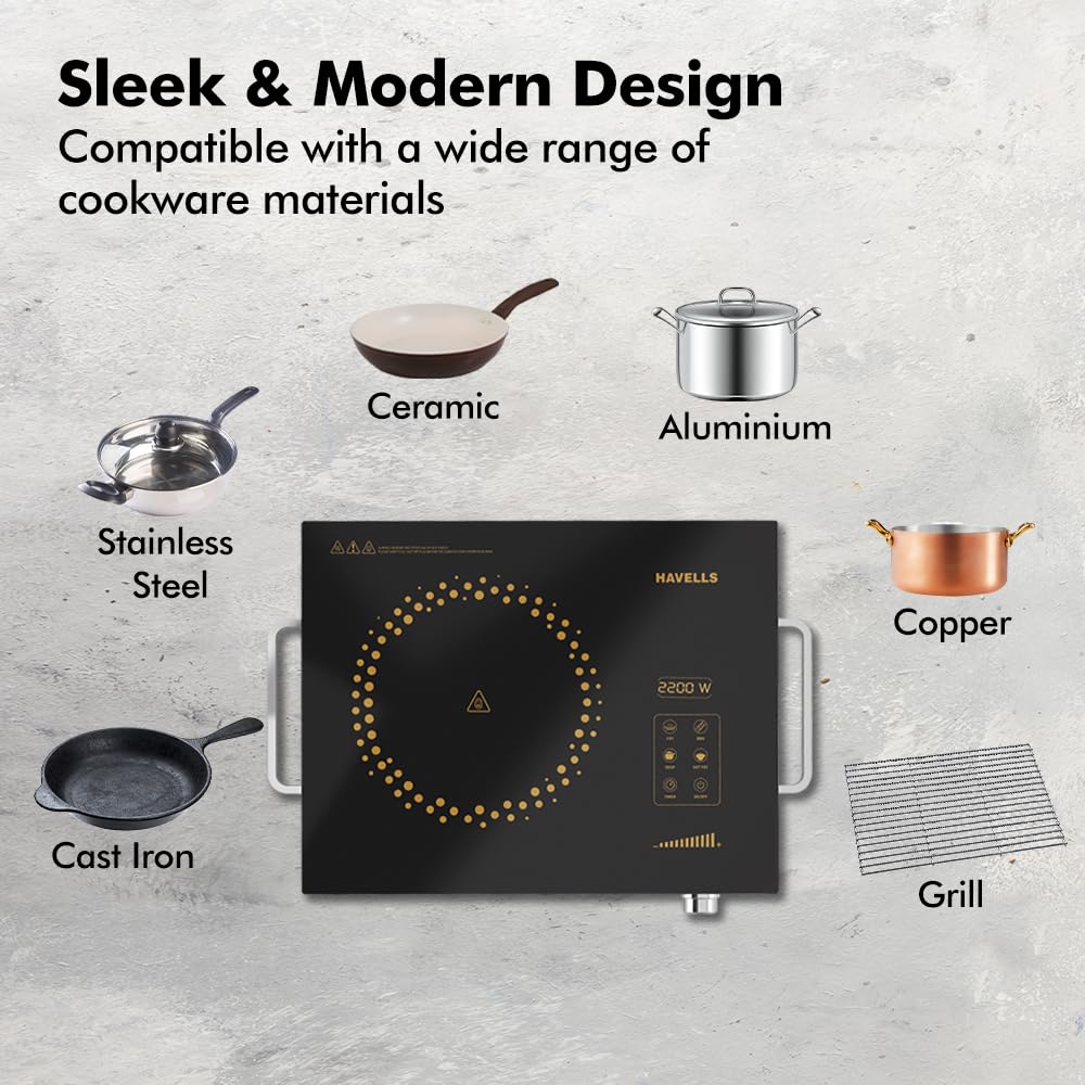 Havells 2200 Watt Infrared Induction Cooktop With Digital Display| Glo TV22-6KV Surge Protection| Sensor Touch| SS304 Food grade grill| 1 Year Door step Warranty By Havells