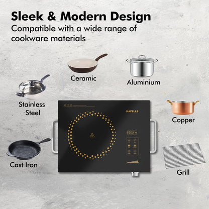 Havells 2200 Watt Infrared Induction Cooktop With Digital Display| Glo TV22-6KV Surge Protection| Sensor Touch| SS304 Food grade grill| 1 Year Door step Warranty By Havells
