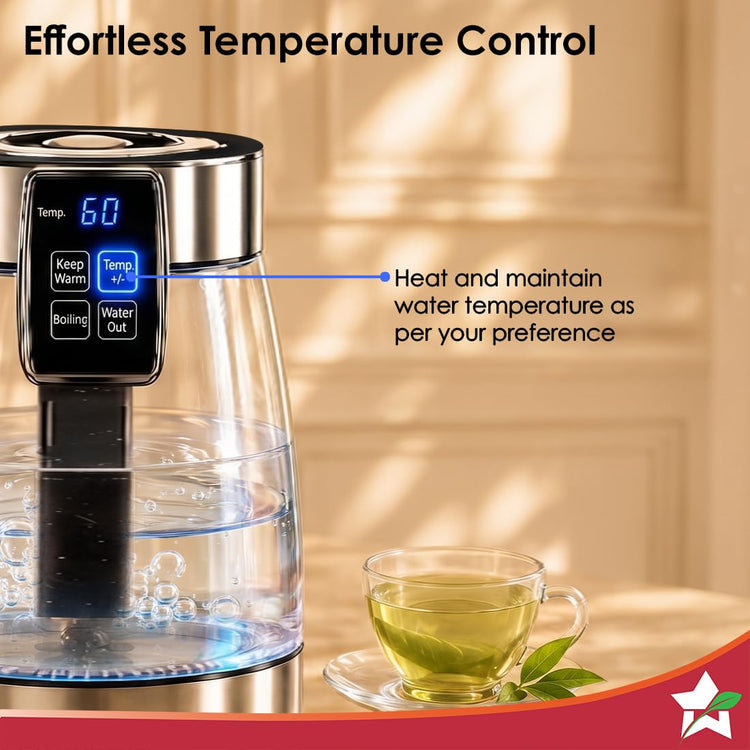 Wonderchef Crystal Tap & Flow Glass Kettle & Hot Water Dispenser, 1.7 L Borosilicate Glass Jar, Built-in Battery, Temperature Sensor & Control, Multi-purpose, Portable inside Homes, 1-Yr Warranty