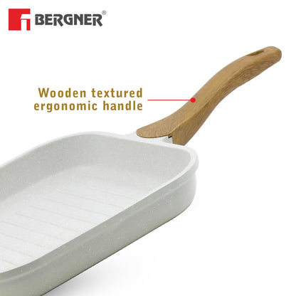 BERGNER Naturally Cast Aluminum 26cm Grill Pan, Marble Non-Stick Coating, Less Oil Use, Scratch Resistant and Durable, Soft Touch Handle, Easy to Clean - Induction Bottom, Free Non-Woven Trivet