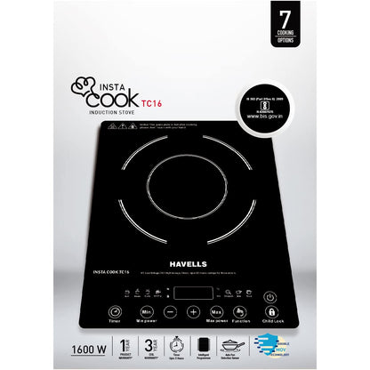 Havells Insta Cook TC 16 Energy Efficent Induction (Electric Stove) | 1600 W | 3 Year Coil Warranty & 1 Year Product Warranty | with 7 Cooking Options| Auto Pan Detection Sensor (Black)