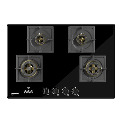 Crompton Optime 90 cm 4 Burners Built-in Glass HOB with Digital Timer, Full Brass Burners & 3D Flame Technology (HOB-OPFB905TI-MBL, Midnight Black)