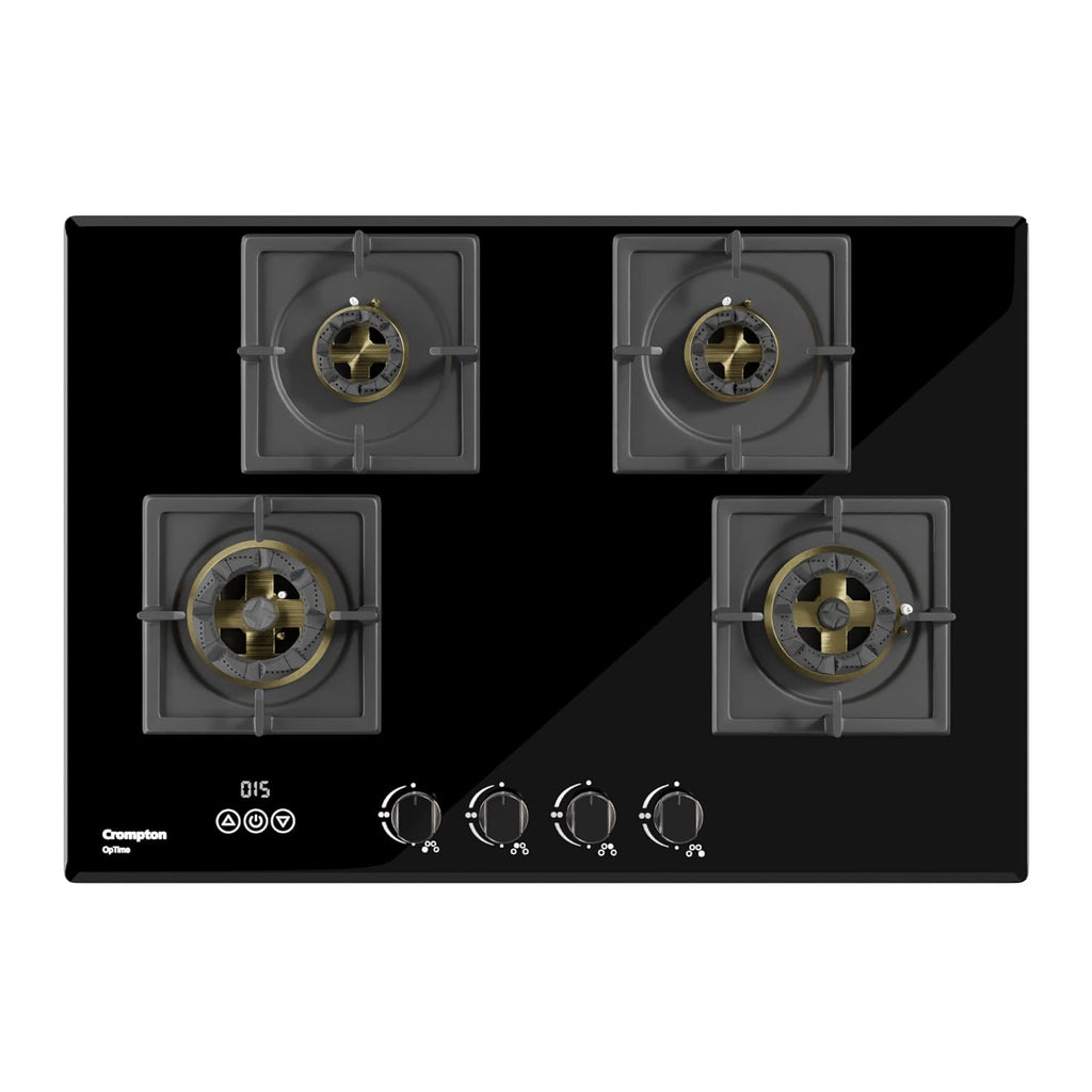 Crompton Optime 90 cm 4 Burners Built-in Glass HOB with Digital Timer, Full Brass Burners & 3D Flame Technology (HOB-OPFB905TI-MBL, Midnight Black)
