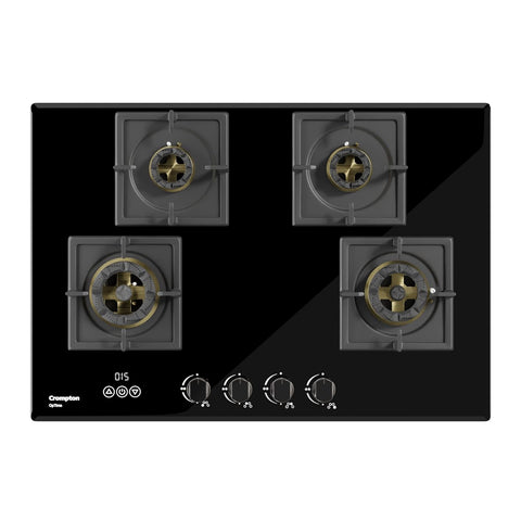 Crompton Optime 90 cm 4 Burners Built-in Glass HOB with Digital Timer, Full Brass Burners & 3D Flame Technology (HOB-OPFB905TI-MBL, Midnight Black)