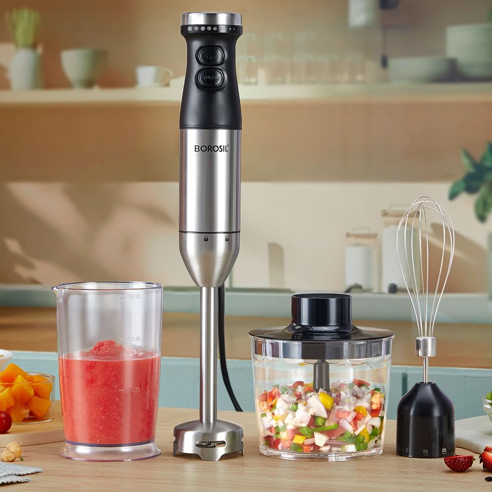 Borosil SmartBlend Hand Blender with Chopper & Whisker | 750ml Beaker & 500ml Chopper | BIS Approved Made in India | Variable Speed Control | SS 301 Blade & Detachable Blending Rod | 2 Years Warranty