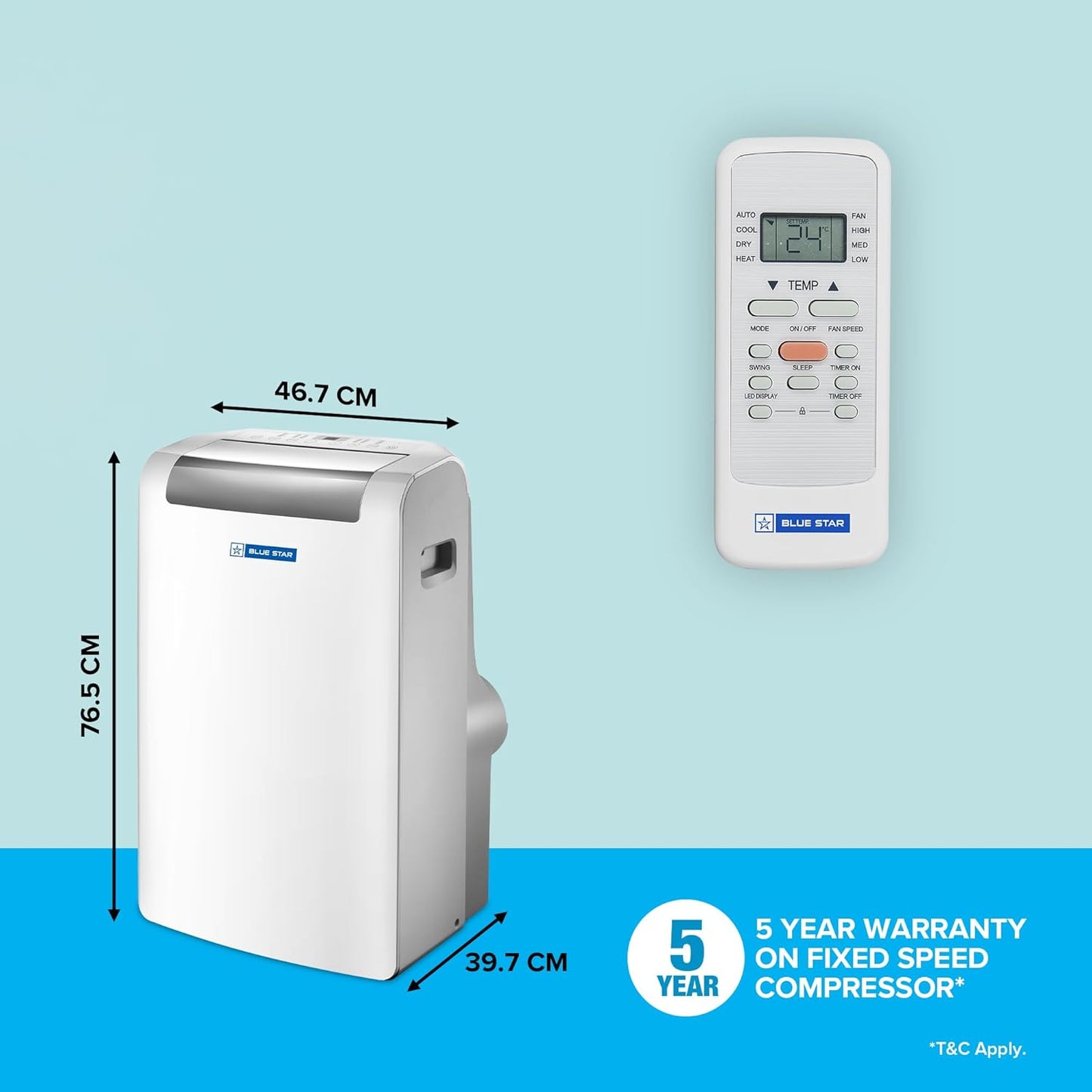 Blue Star 1.1 Ton Fixed Speed Portable AC (Copper, Anti Bacterial Silver Coating, Self Diagnosis, Comfort Sleep, Auto Mode, Remote Control Operations, Gold Fins, PC12DB, White)