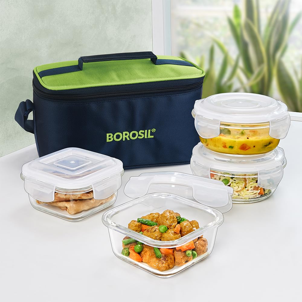 Borosil Universal Lunchbox | Set of 4 (320ml x 2 Square + 240ml x 2 Round), Borosilicate Glass | Microwave & Dishwasher Safe, Leakproof | Tiffin for Office/School/College | Transparent (Alfa Green)