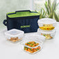 Borosil Universal Lunchbox | Set of 4 (320ml x 2 Square + 240ml x 2 Round), Borosilicate Glass | Microwave & Dishwasher Safe, Leakproof | Tiffin for Office/School/College | Transparent (Alfa Green)