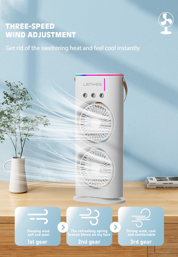 Lenyes LHF03 Tower Dual Fan 45mm | USB Charging Fan | LED Lighting | 3 Fan Speeds | 2 Mode Lighting | High Speed Oscillation Table Fan | White Protable Fan