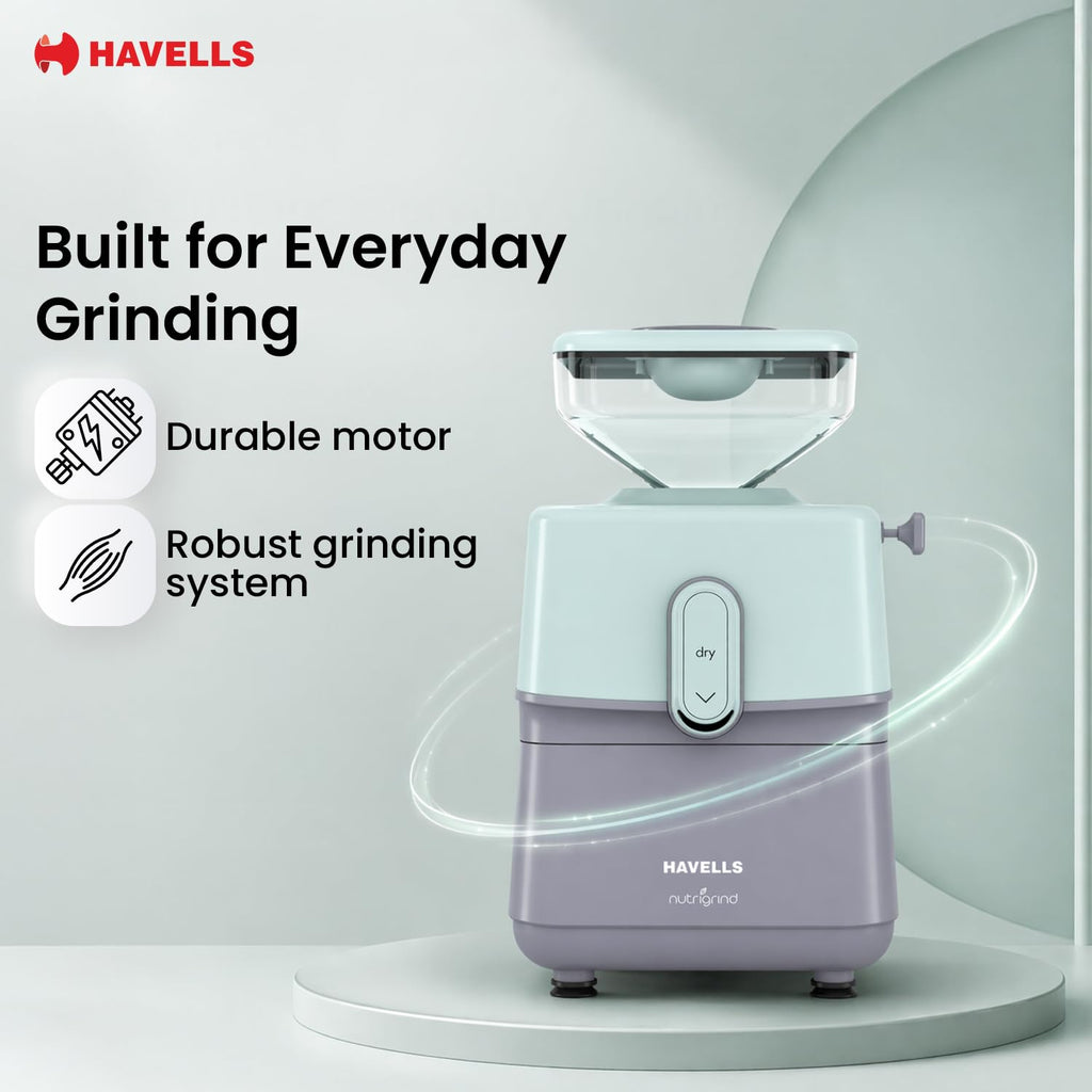 Havells Nutri Grind Atta Mill| 400W High Torque Induction Motor | 1400 RPM Slow Speed Grinding | Quality Coarse Stones | 2 Yr Manufacturer Warranty| Grey & Pista Green