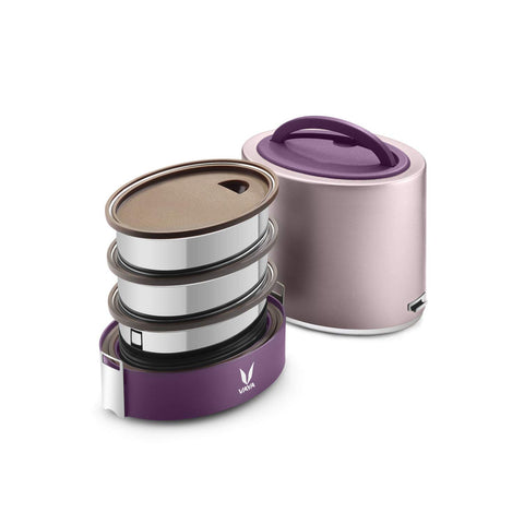 VAYA TYFFYN Lunch Box for Office for Men, with Polished Stainless Steel Containers,1000ml Vacuum Insulated Hot Lunch Box Without BagMat, Leakproof Hot Tiffin Box with 3 Compartments, Purple