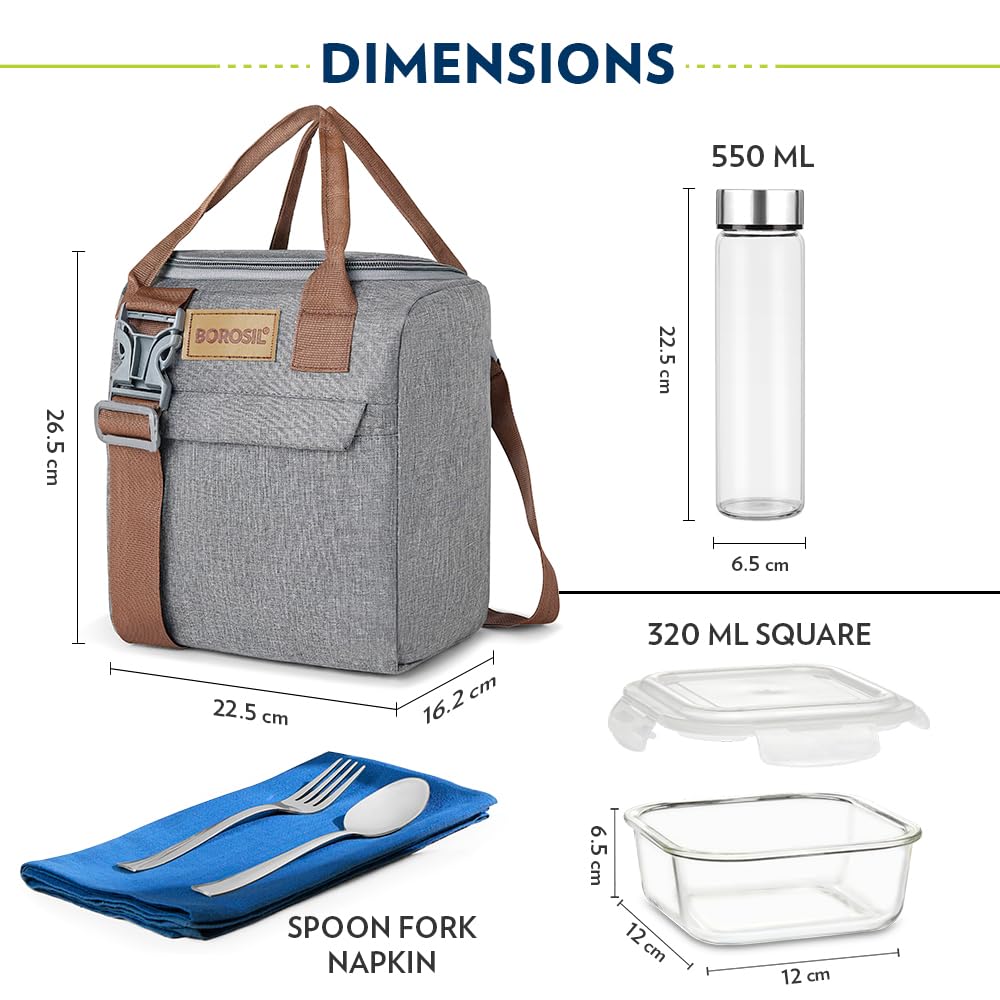 Borosil 7pc Borosilicate Glass Lunchbox | 3pc Container + 1 (550ml) Glass Bottle + Fork & Spoon Set with Mat | Microwave & Dishwasher Safe | Tiffin for Office, School, College (Gourmet Plus)