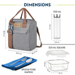 Borosil 7pc Borosilicate Glass Lunchbox | 3pc Container + 1 (550ml) Glass Bottle + Fork & Spoon Set with Mat | Microwave & Dishwasher Safe | Tiffin for Office, School, College (Gourmet Plus)
