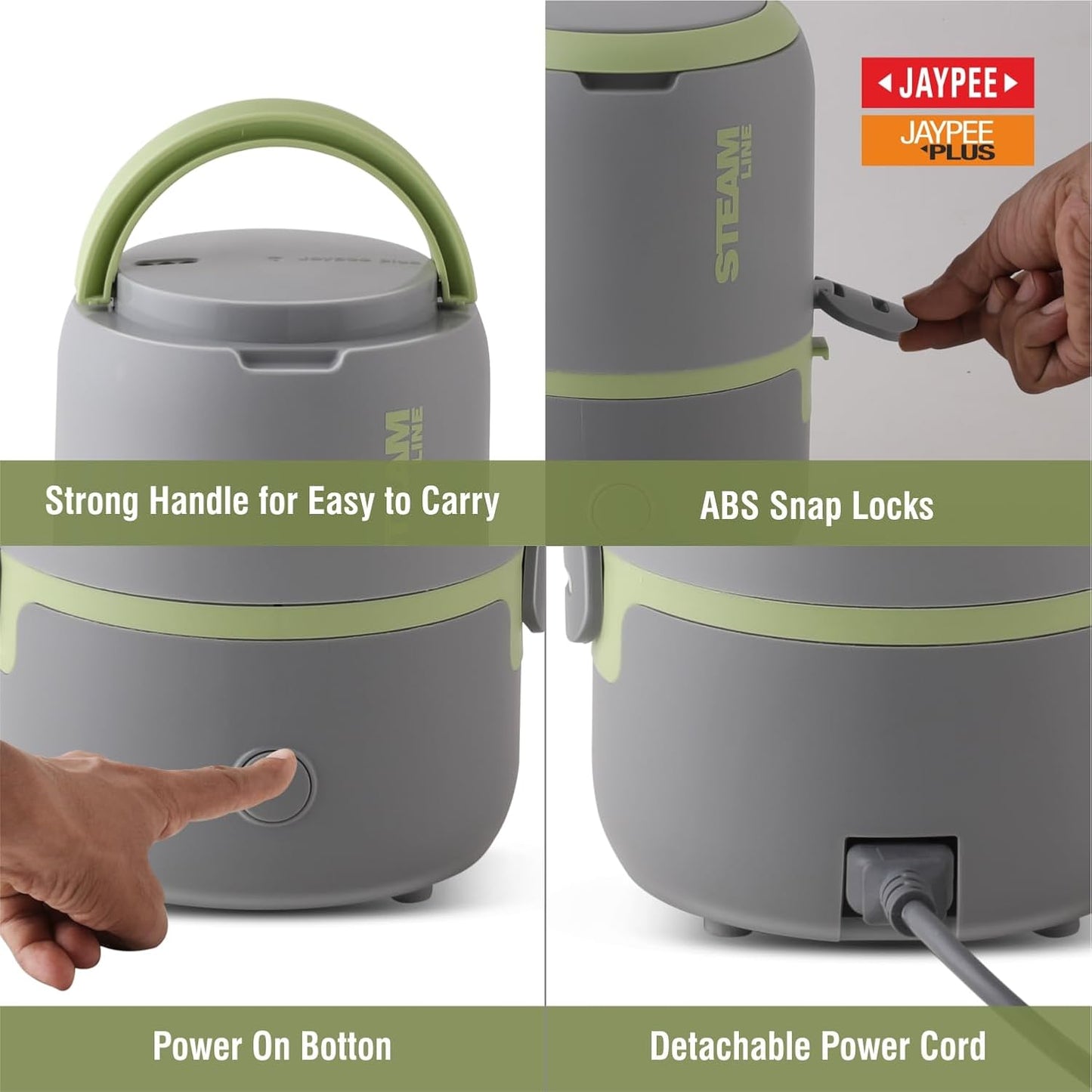 Jaypee Plus Steamline Electric Lunch Box Stainless Steel containers 300X3 ml with Bag, Power Cord & Measuring Cup Lunch Box for Offfice Reheat Food in 15 Minute Auto Cut steam Technology,Grey Green