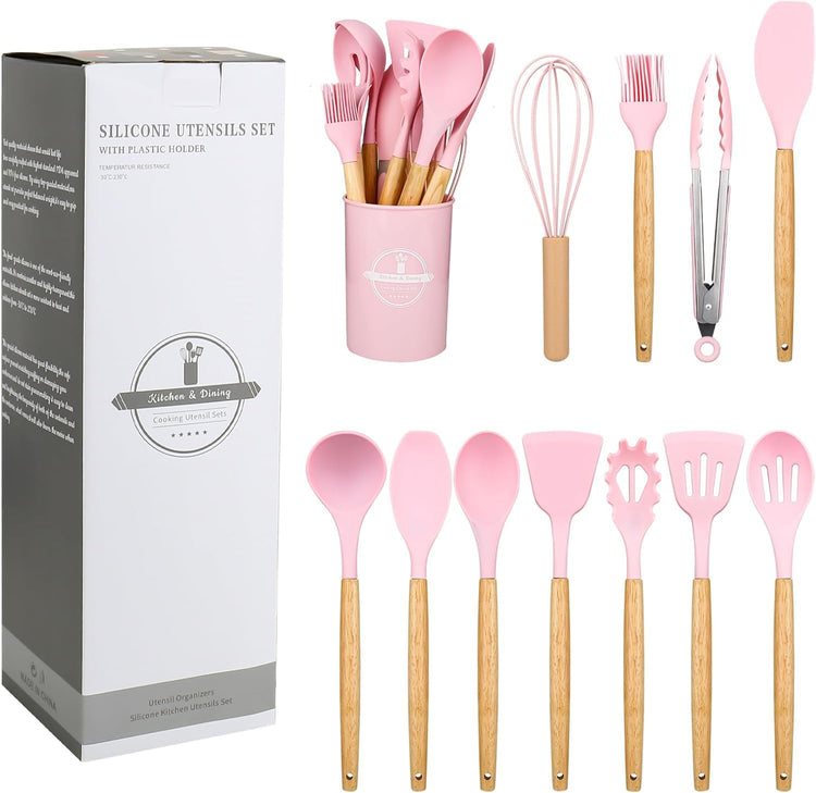 12 Pcs Silicone Kitchen Tool Set with Wooden Handles | Non Stick Cookware Safe Cooking Utensils with Storage Holder | Kitchen Accessories Set for Cooking & Baking (Pink)
